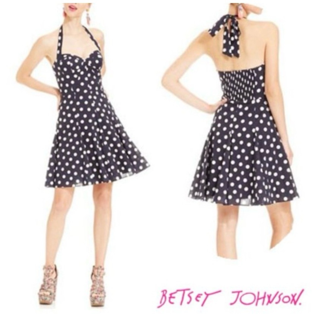 Betsey Johnson VTG cotton Navy Polka Dot Halter Dress, smocked back,side zipper